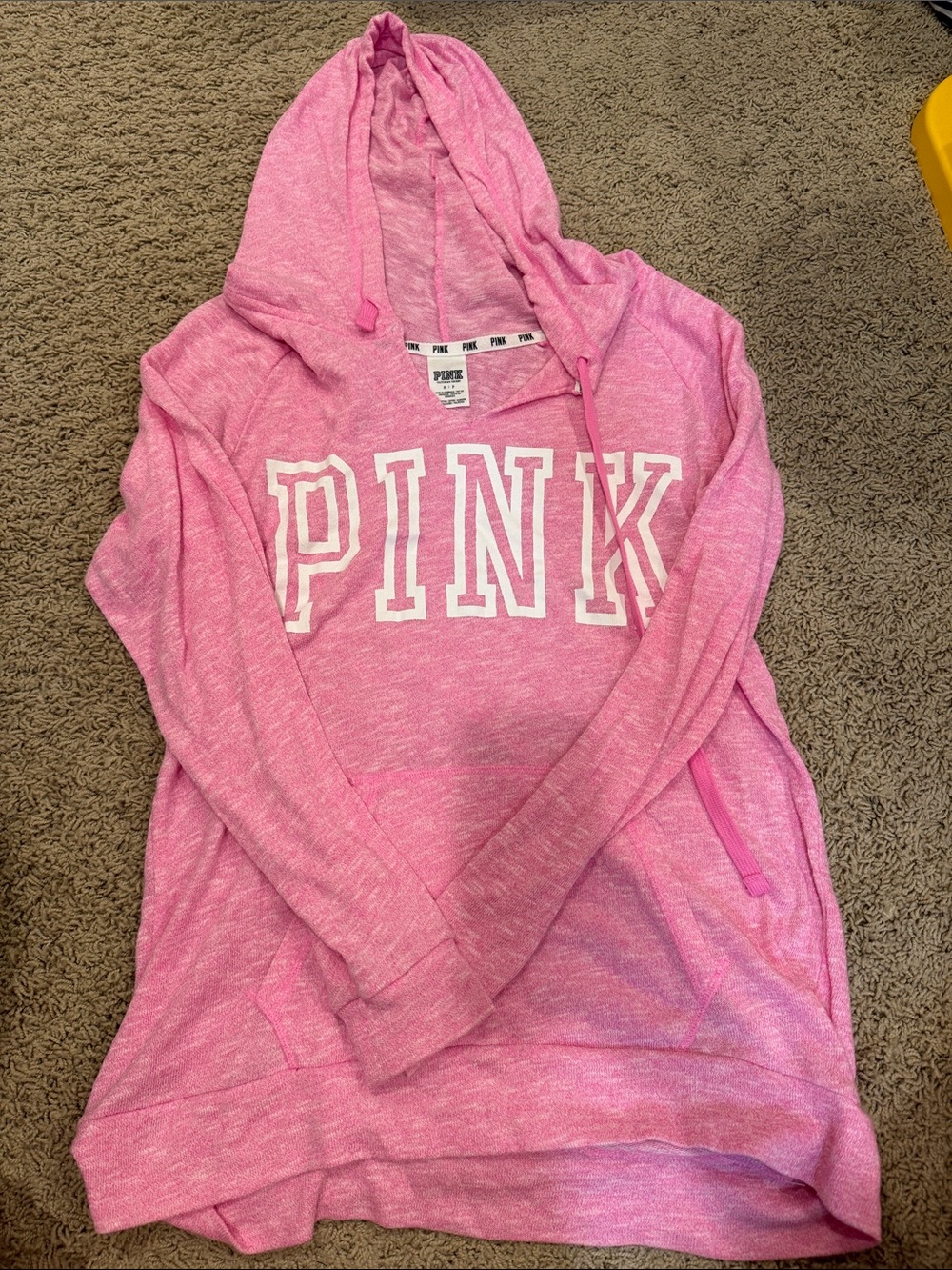 PINK Victoria's Secret Heather Pink Hooded Pullover with White Logo